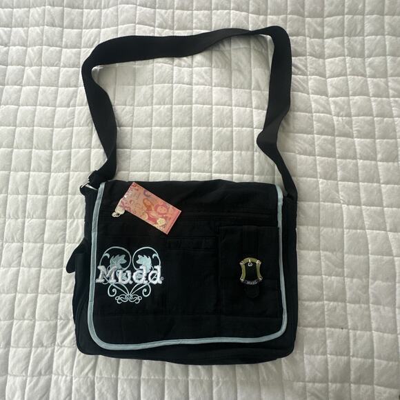 MUDD Messenger Bag Retro Y2K Black Embroidered Satchel Laptop Case Grunge Travel - Picture 1 of 11